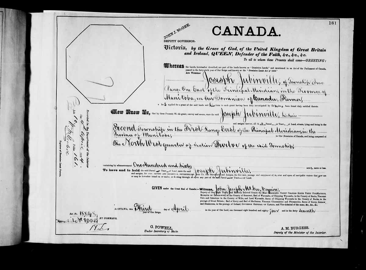 Titre de propriété de terre de Joseph Jubinville