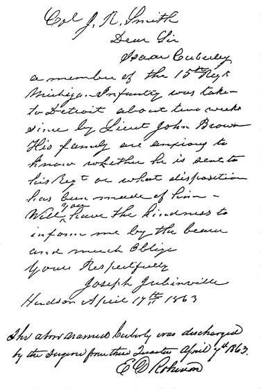 Original handwritten letter by Joseph Jubinville, 1863